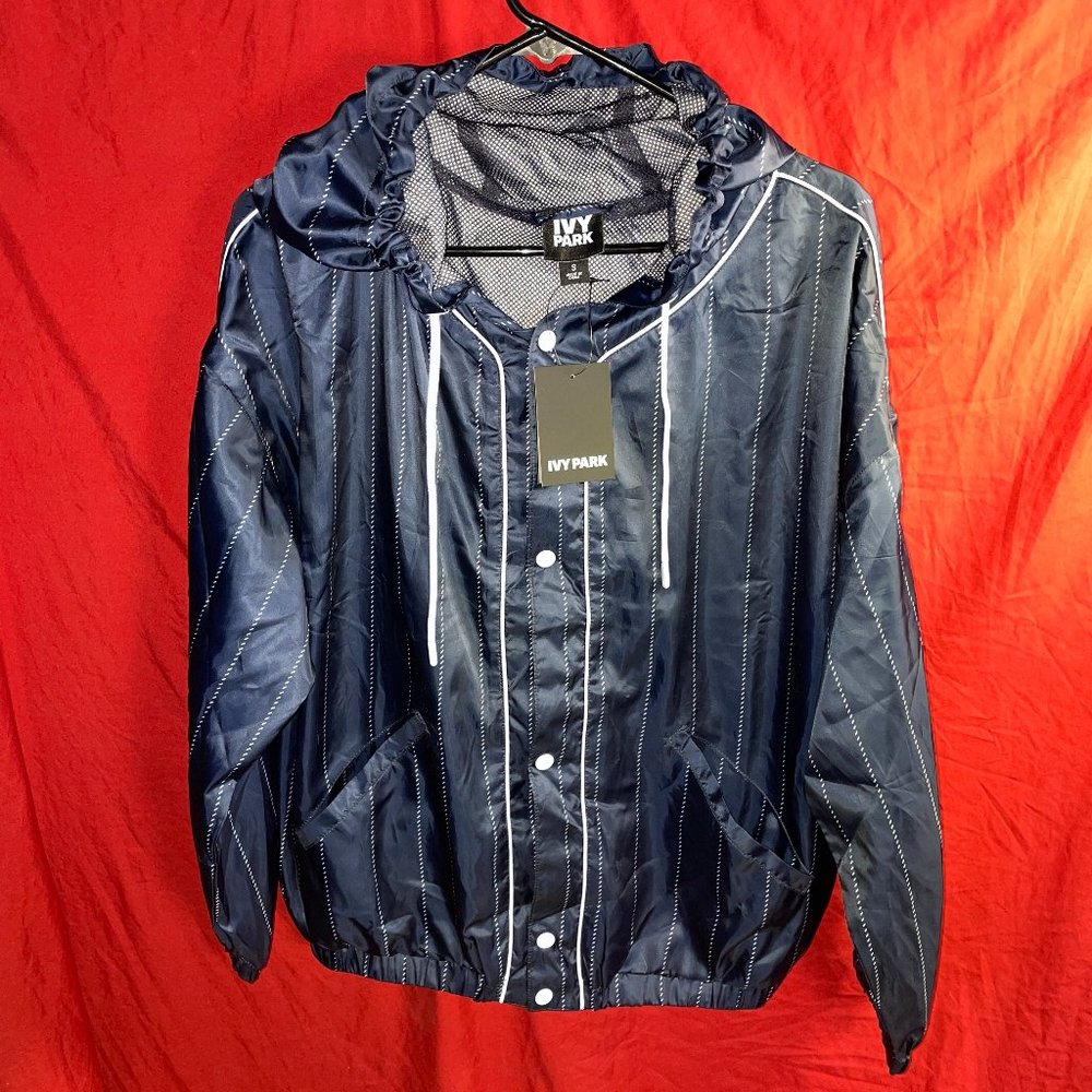 IVY PARK Blue White Baseball Pinstripe Stripe Jacket Button Hooded Long Sleeve